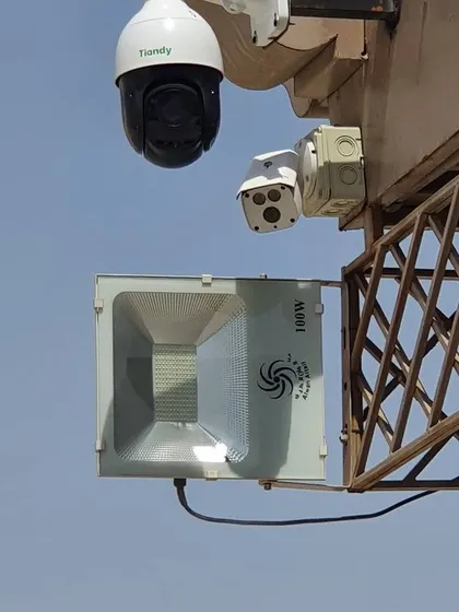 A closer look at the dual-camera and floodlight combination. The light helps the cameras provide clear, full-color video even at night.