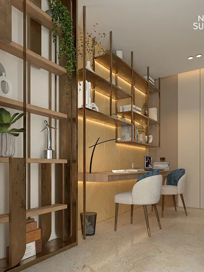 A detailed view of the study nook nestled behind the bed. This space features clean lines, contemporary materials, and integrated shelving with backlighting, creating an elegant and productive work-from-home area.