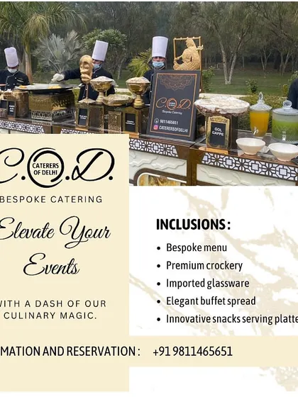 An overview of our service inclusions, featuring a shot of our team setting up an outdoor buffet. The image highlights our bespoke menus, premium crockery, and elegant buffet spreads.