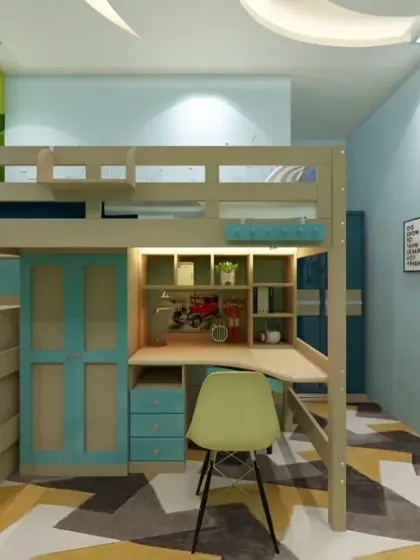 This all-in-one loft bed unit is perfect for a child's room. It includes a bed on top, a wardrobe, a built-in desk with shelving, and a staircase, providing everything needed in one compact footprint.