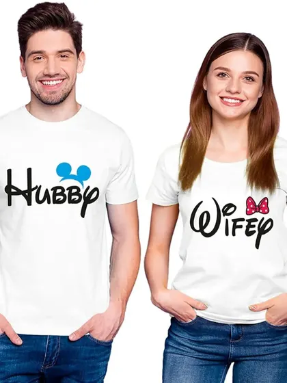 A cute Disney-themed 'Hubby' and 'Wifey' t-shirt set.