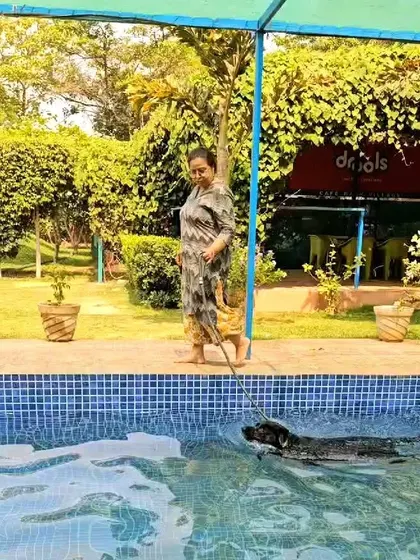A pet parent keeps a watchful eye as her dog enjoys a swim. Safety is our top priority, and our pool area is designed to be secure for everyone.