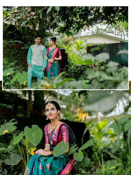 A collage featuring individual portraits of the bride and groom-to-be, as well as a shot of them together in a beautiful garden.