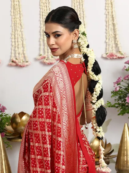 The back view of the model, showing the elegant blouse design and the beautiful drape of the saree.