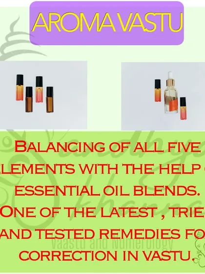 Aroma Vastu is one of my favorite modern remedies. This image shows how I use specific blends of essential oils to balance the five elements in your home. It's a powerful, tried-and-tested method for correcting Vastu doshas like cuts and extensions without any structural changes.