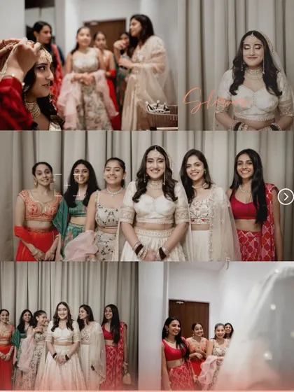 A collage of the bride and her bridesmaids getting ready, full of laughter and supportive moments.