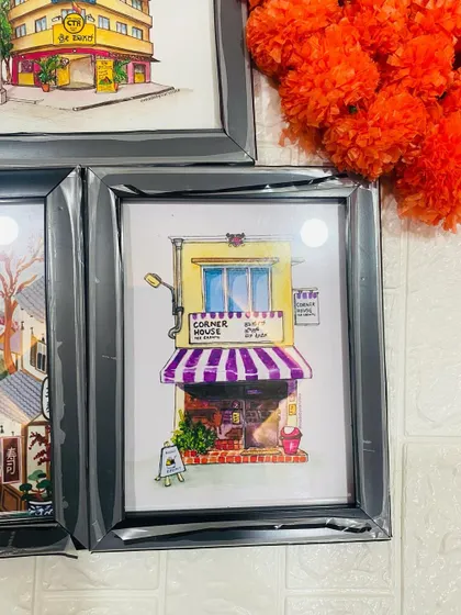 A close up of a charming illustration of a corner store. This kind of art is perfect for capturing the memory of a favorite place, like a local cafe or shop.