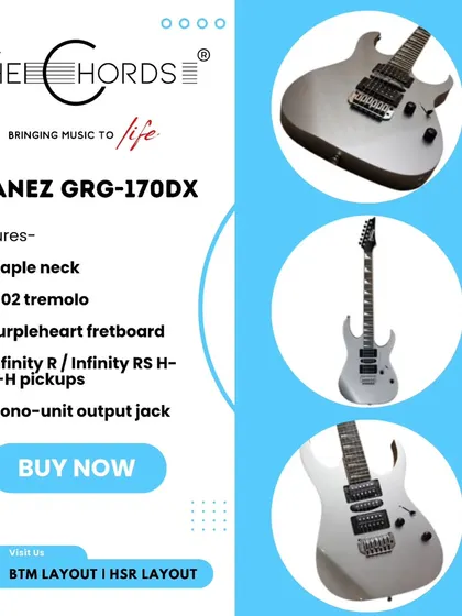 An overview of the Ibanez GRG-170DX. This graphic highlights its key features like the maple neck, purpleheart fretboard, and Infinity H-S-H pickups, making it a great choice for various genres.