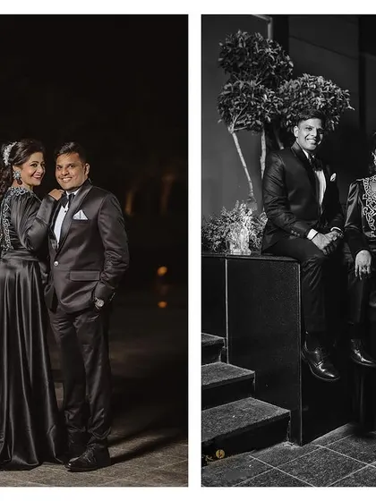 A diptych of the couple posing elegantly at their reception. The black and white edits add a timeless and glamorous feel.