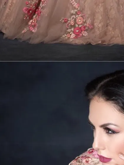 A composite image showing both a close-up beauty portrait and a detail shot of the floral embroidery on the gown. This is an effective way to showcase both the overall look and the fine craftsmanship.