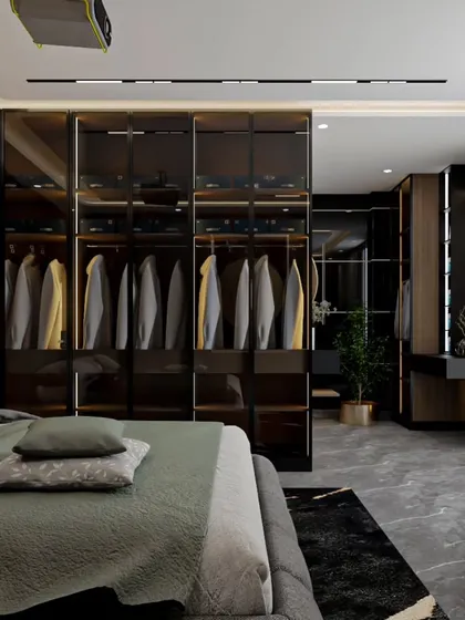 This 3D render shows a walk-in wardrobe concept as part of a master bedroom. The glass-profile shutters and internal lighting create a high-end, boutique-like feel.