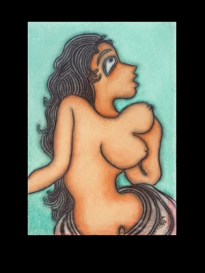 This 1998 mixed-media nude by Prokash Karmakar is a powerful example of his later work. Influenced by Picasso but deeply rooted in his own turbulent life experiences, his nudes celebrate the flesh while exploring themes of fantasy and surrealism.