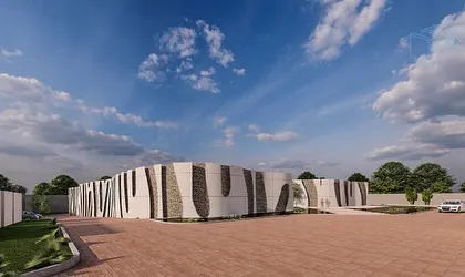 A render of the textile mill's boundary wall, featuring a dynamic, patterned facade. This element shows our commitment to creating visual interest and thoughtful design in every part of a project, not just the main building.