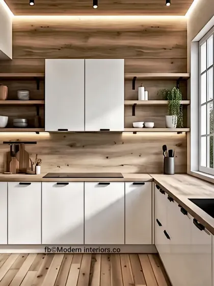 This kitchen design blends clean white cabinetry with a warm wood-paneled backsplash and countertops. We incorporated open shelving and under-cabinet LED lighting to create a bright, airy workspace. The layout is optimized for an efficient cooking workflow, with the sink, cooktop, and prep areas in close proximity.