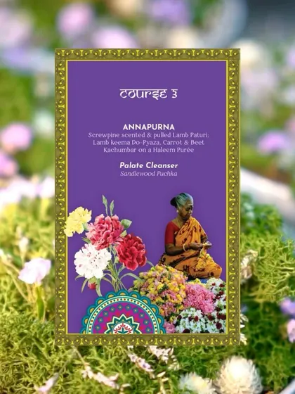 The "Annapurna" menu card set against a floral backdrop, connecting the food to its natural, fragrant origins.