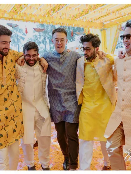 The groom's squad, united in celebration and color-coordinated outfits, bringing incredible energy to the Haldi ceremony.