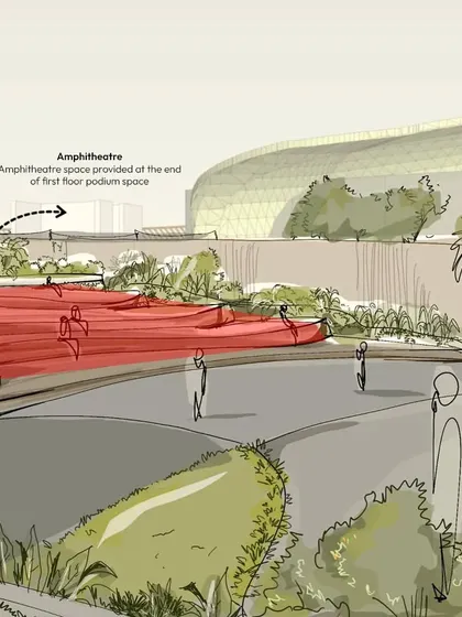 These are early concept sketches for the amphitheater and walkway at Cochin International Airport. The sketches explore the form of the tensile roof structure, inspired by Chinese fishing nets, and the layout of the backlit inscription wall.