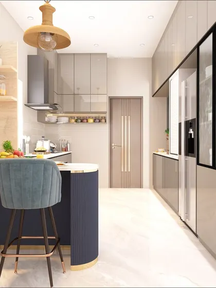 A closer look at the breakfast bar, which features a beautiful navy blue base with gold trim, adding a touch of color and luxury to the minimalist kitchen.