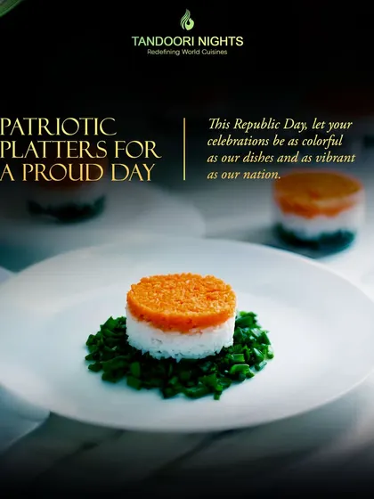 A patriotic platter for a proud day. This dish features a tri-color stack of flavored rice on a bed of greens, demonstrating our creative approach to themed menus.