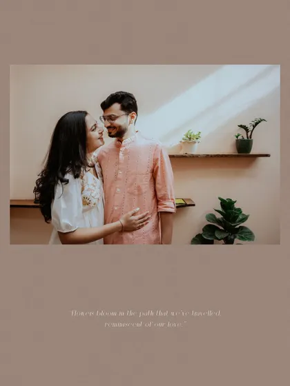 A beautifully lit portrait of the couple in a warm, indoor setting, with a romantic quote about their love story.