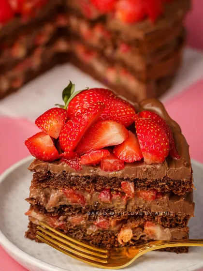 A perfect slice of my Milk Chocolate Strawberry Layer Cake. You can see the generous layers of chocolate ganache and fresh strawberries between the dark chocolate sponge.