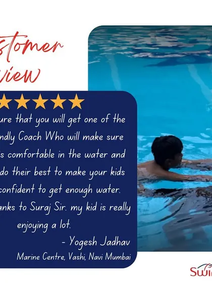 A review from Yogesh at our Vashi center, giving special thanks to Coach Suraj for making his child feel comfortable and confident in the water. This highlights our commitment to friendly, effective coaching.