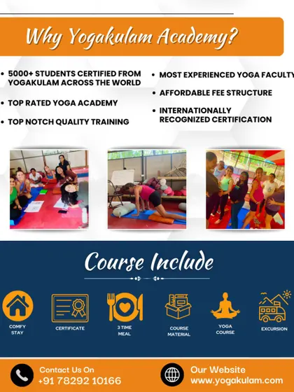This graphic highlights the benefits and inclusions of our 85-hour Prenatal YTTC, showing why Yogakulam is a top choice for this specialized training, with images of students practicing and learning.