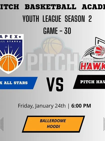 The announcement for a Season 2 showdown, Game 30 between Apex All Stars and Pitch Hawks.
