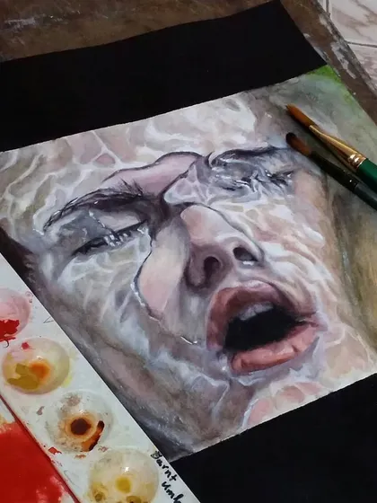 This was a challenging but rewarding watercolor painting, where I worked on capturing the distortion of a face through water. It was a great study in light, reflection, and realism.
