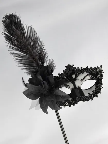 A detailed shot of the black feathered masquerade mask.