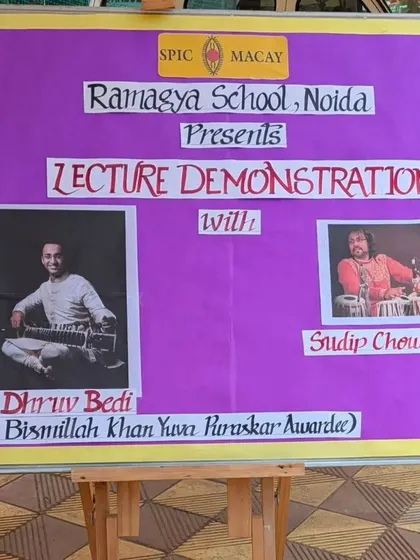A handmade poster created by students for my lecture-demonstration at Ramagya School. These personal touches make each school visit a memorable experience.