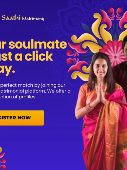 Your soulmate is just a click away. This graphic, with a couple greeting in a traditional namaste, reflects my commitment to honoring cultural values while providing a modern and trusted matrimonial platform.