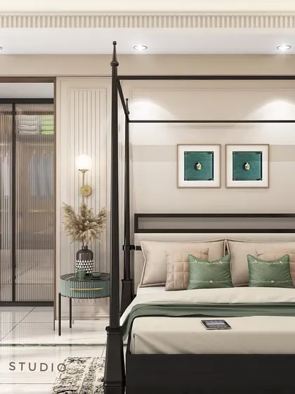 A luxury bedroom concept for a project in Indirapuram. The design includes a sleek black four-poster bed, a walk-in closet with glass doors, and a sophisticated green and beige color scheme.