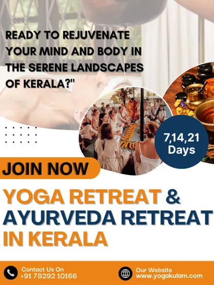 An invitation to rejuvenate your mind and body in Kerala. This poster combines images of Ayurvedic therapy, group ceremonies, and our sattvic food to give a holistic view of the retreat.