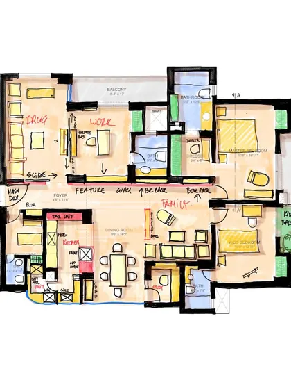 A hand-colored layout plan for an apartment interior, showing one option for repurposing a standard layout into a more dynamic space.