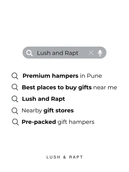 Searching for the perfect gift? This graphic mimics a search engine, showing that my brand is the answer for "Premium hampers" and "Best places to buy gifts near me."