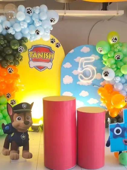 A vibrant Paw Patrol theme for a 5th birthday celebration. This setup includes custom arched backdrops, character cutouts of Chase and Ryder, and colorful balloon arrangements to bring the popular cartoon to life. I can customize the name and age for any theme.