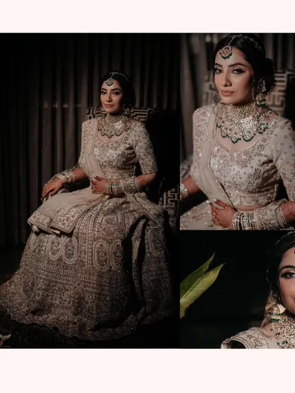 This collage showcases the bride's getting-ready moments and final look. It combines a full-length shot with close-ups, providing a complete picture of her stunning bridal attire.