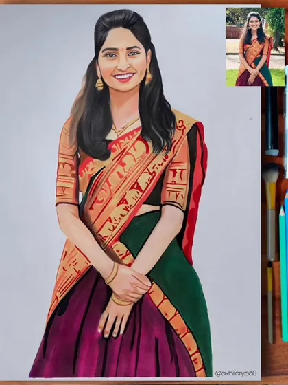 This A3 colored pencil portrait of a woman in a beautiful saree was shipped to the USA. I paid close attention to the intricate gold patterns on her traditional dress.