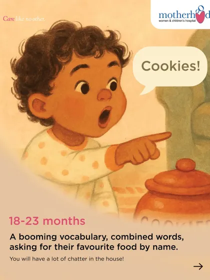 Get ready for a lot more chatter between 18-23 months. A booming vocabulary emerges, and they start combining words and asking for their favorite things, like "cookies!", by name.