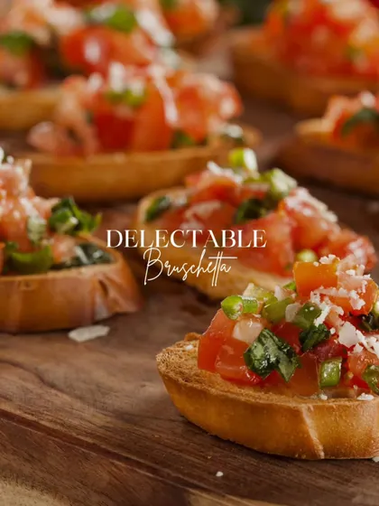 Delectable bruschetta with fresh, juicy tomatoes, basil, and a sprinkle of parmesan on a crisp toasted baguette.