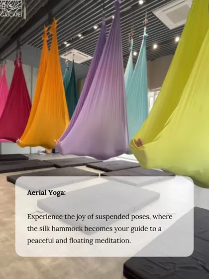 A brochure for a yoga and wellness retreat in Delhi, highlighting the aerial yoga component where the silk hammock becomes your guide to a floating meditation.