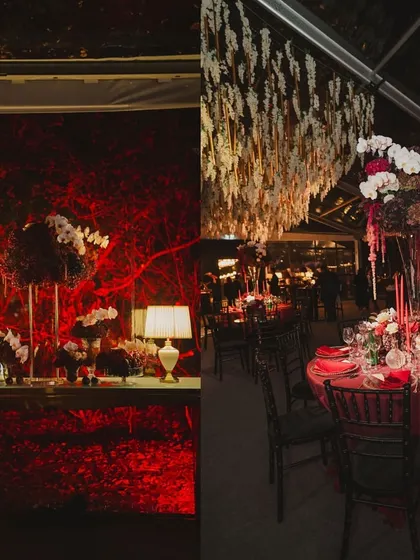 A look inside a glamorous red and maroon themed cocktail night, with velvet textures, a custom poker theme, and a stunning floral-decked bar.