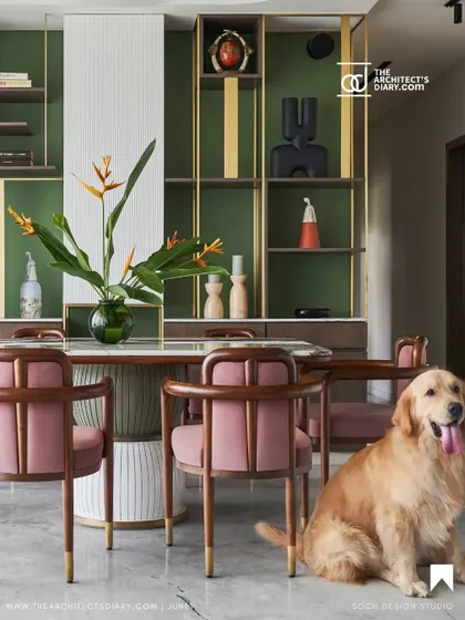 Another featured shot highlighting the dining area, where the 'Pellet Drum' table and 'Svelte' chairs stand out. The design thoughtfully introduces color and texture to create a vibrant yet harmonious space.