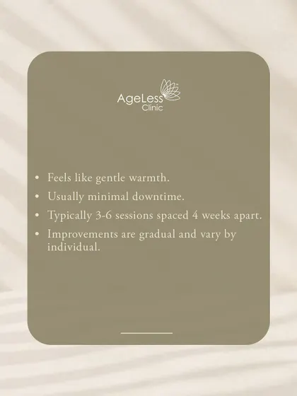 This card outlines what to expect from a Fotona 4D treatment. It feels like gentle warmth, has minimal downtime, and typically involves 3-6 sessions spaced four weeks apart. The improvements are gradual and tailored to each individual.