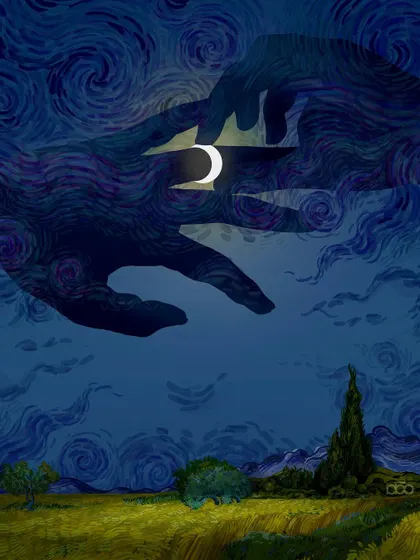 A piece about the power of imagination. I depict giant, gentle hands cradling the moon in a starry night sky, a visual for my letter from Vincent about seeing the world with a child's wonder instead of cold logic.