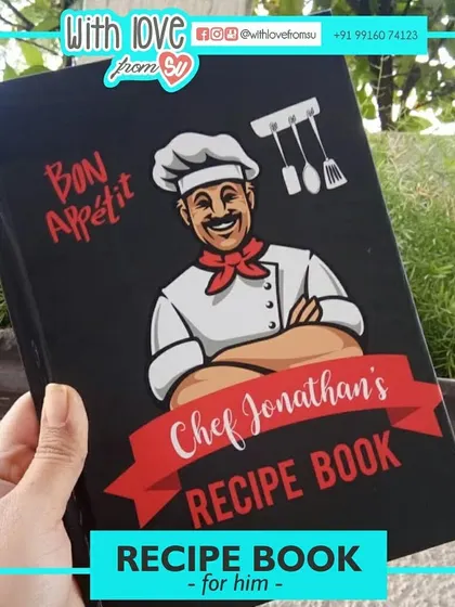 This is my custom recipe book designed for him, featuring a fun male chef caricature. It's a wonderful personalized gift for the man in your life who loves to cook.