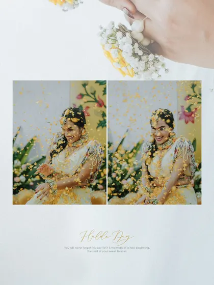 A duplicate of the joyful moment of the bride being showered with flowers during her Haldi ceremony.