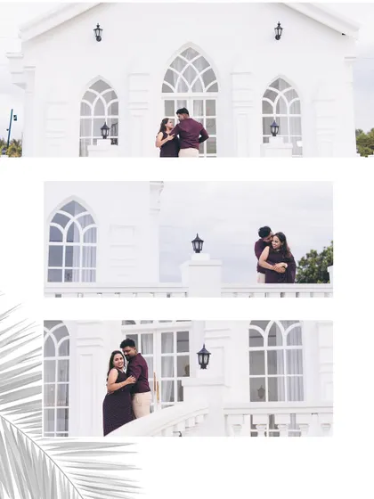This collage showcases different angles from Felix and Sharon's pre-wedding shoot at a stunning white architectural location, creating a clean and elegant look.