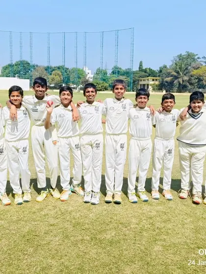 The Lions Cricket Club team, featuring our players, after a dominant 9-wicket win in the KSCA U-12 League.